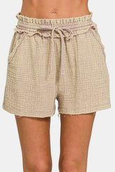 Zenana Washed Frayed Hem Drawstring Shorts Ash Mocha OutfitFlow